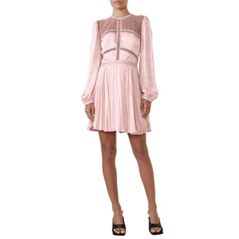 New 149$ Bardot Olivia Size 12 Crochet Lace Satin Long Sleeve Pleated Mini Dress